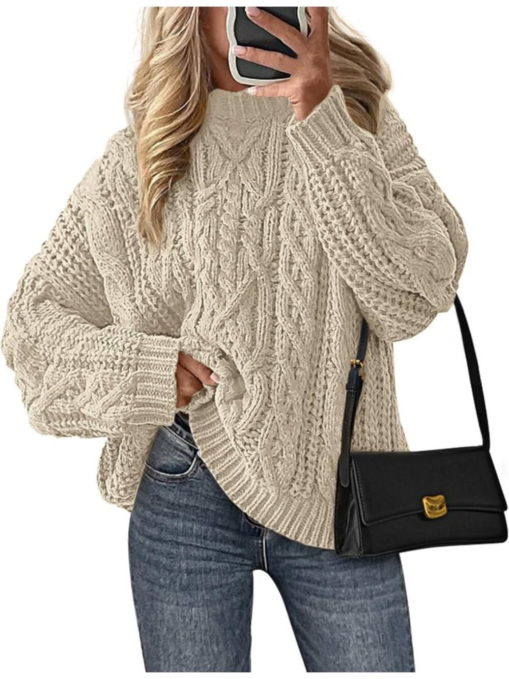 Women's Apricot Cozy Long Sleeve Loose Fitting Classic Crew Neck Fall Sweaters